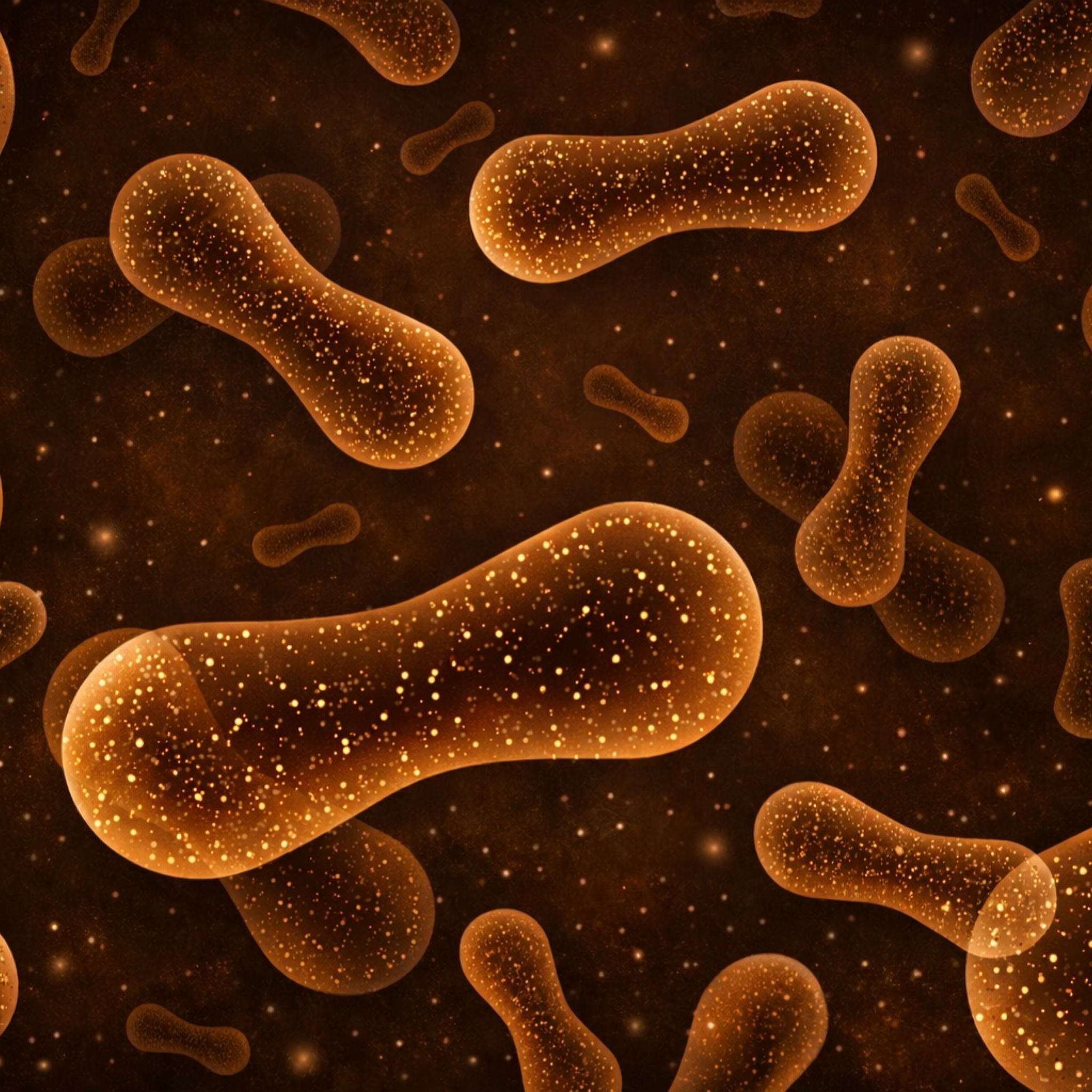 Stylised microscopic illustration of glowing orange, rod-shaped bacteria on a dark background