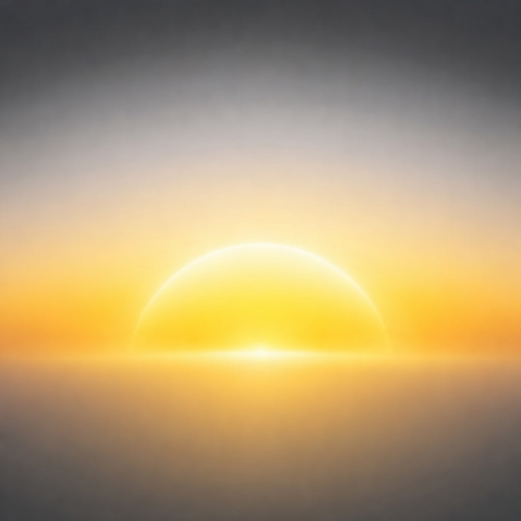 Soft, minimalist image of a glowing golden sun rising over a hazy horizon with gentle gradient sky fading from warm yellow to cool grey